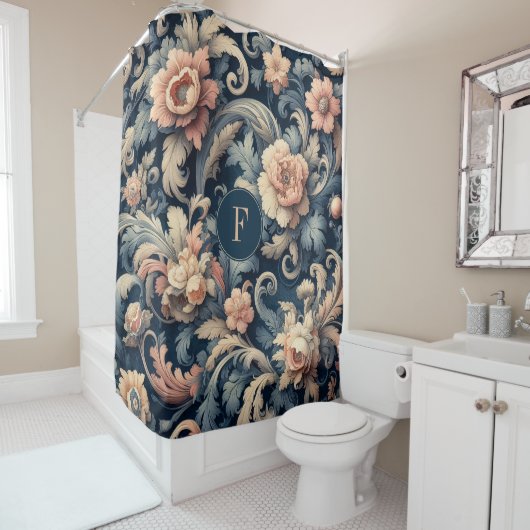 Navy blue floral douchegordijn (In situ)