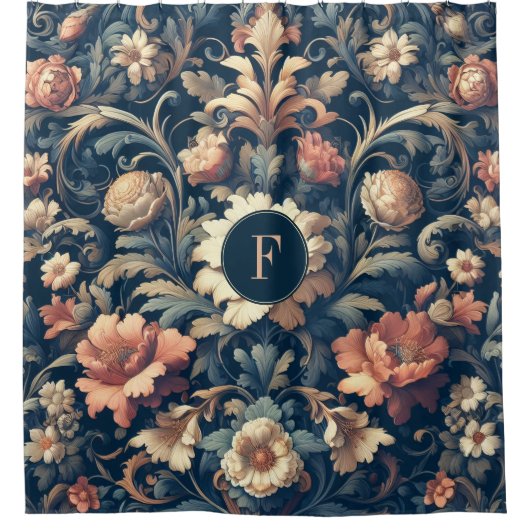 Navy blue floral douchegordijn (Voorkant)