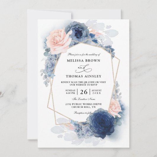 Navy Blue Floral Dusty Budget QR Code Wedding Kaart (Voorkant)