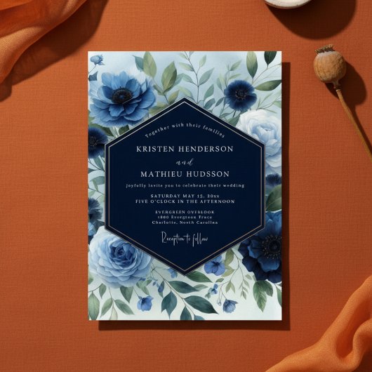 Navy Blue Floral Elegance Wedding Kaart