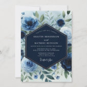 Navy Blue Floral Elegance Wedding Kaart (Voorkant)