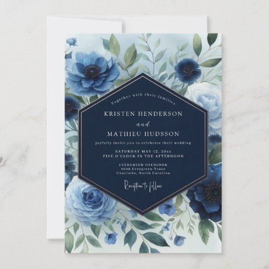 Navy Blue Floral Elegance Wedding Kaart (Voorkant)