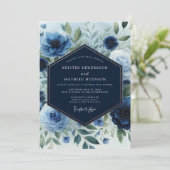 Navy Blue Floral Elegance Wedding Kaart (Staand voorkant)