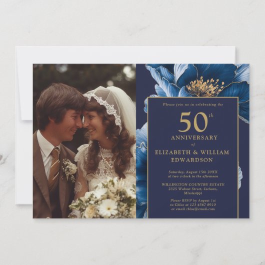 Navy Blue Floral Elegant 50e Jubileum Foto Kaart (Voorkant)