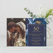 Navy Blue Floral Elegant 50e Jubileum Foto Kaart (Staand voorkant)
