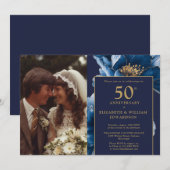 Navy Blue Floral Elegant 50e Jubileum Foto Kaart (Voorkant / Achterkant)