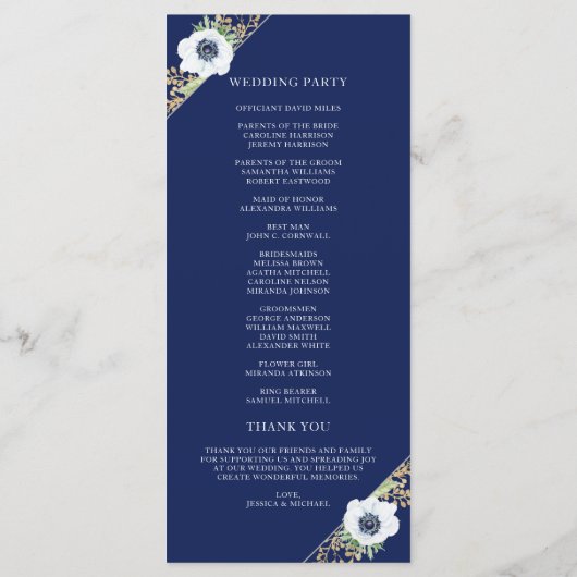 Navy Blue Floral Elegant Anemone Bouquet Wedding Programmakaart (Achterkant)