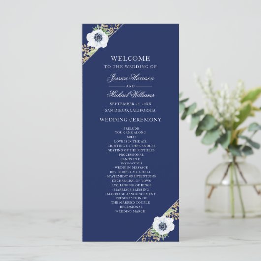 Navy Blue Floral Elegant Anemone Bouquet Wedding Programmakaart (Staand voorkant)