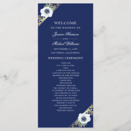 Navy Blue Floral Elegant Anemone Bouquet Wedding Programmakaart