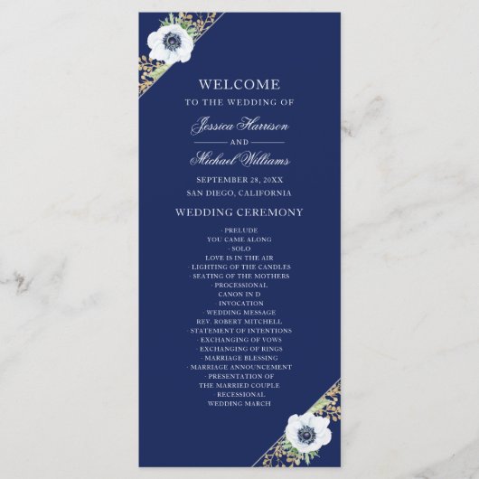 Navy Blue Floral Elegant Anemone Bouquet Wedding Programmakaart (Voorkant)