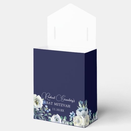 Navy Blue Floral Elegant Bat Mitzvah Bedankdoosjes (Geopend)