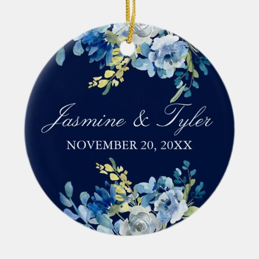 Navy Blue Floral Elegant Custom Wedding Photo Keramisch Ornament (Voorkant)