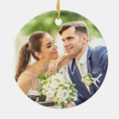 Navy Blue Floral Elegant Custom Wedding Photo Keramisch Ornament (Achterkant)