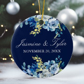 Navy Blue Floral Elegant Custom Wedding Photo Keramisch Ornament