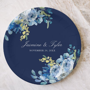 Navy Blue Floral Elegant Evening Wedding Papieren Bordje