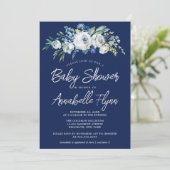 Navy Blue Floral Elegant Modern Boy Baby shower Kaart (Staand voorkant)
