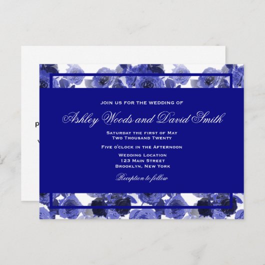Navy Blue Floral Elegant Script Wedding Briefkaart (Voorkant / Achterkant)