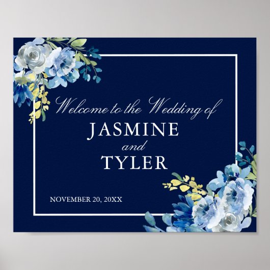 Navy Blue Floral Elegant Welkom bij ons huwelijk Poster (Voorkant)
