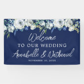 Navy Blue Floral Elegant Welkom bij ons huwelijk Spandoek (Horizontaal)