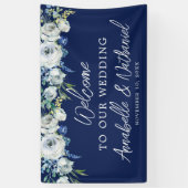 Navy Blue Floral Elegant Welkom bij ons huwelijk Spandoek (Verticaal)