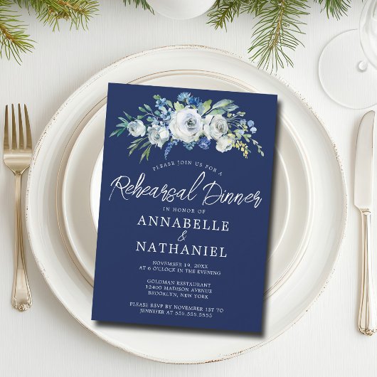 Navy Blue Floral Elegant Winter Rehearsal Dinner Kaart