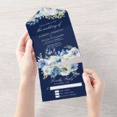 Navy Blue Floral Elegant Winter Wedding All In One Uitnodiging (Afscheurbaar)