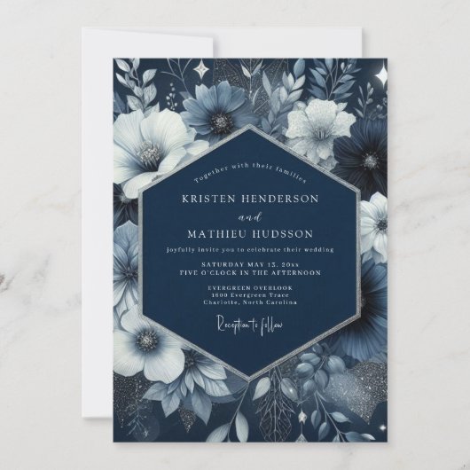 Navy Blue Floral Enchantment Wedding Kaart (Voorkant)