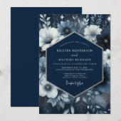 Navy Blue Floral Enchantment Wedding Kaart (Voorkant / Achterkant)