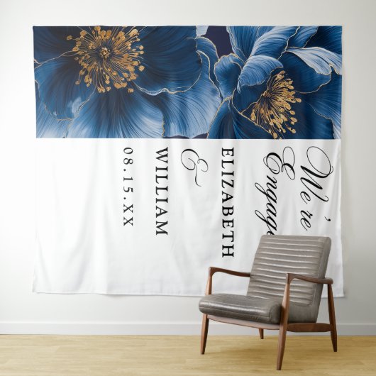 Navy Blue Floral Engagement Party Foto Achtergrond Wandkleed (In Situ (horizontaal))