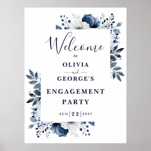 Navy Blue Floral Engagement Party Welkomstbord Poster