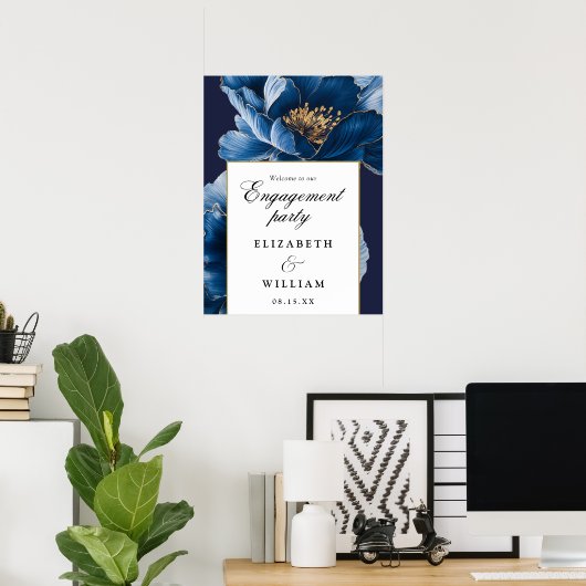 Navy Blue Floral Engagement Party Welkomstbord Poster (Thuiskantoor)