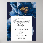 Navy Blue Floral Engagement Party Welkomstbord Poster (Voorkant)