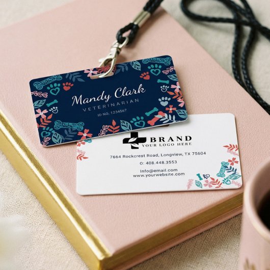 Navy Blue Floral & Foliage Pet Paw Print Patroon Badge