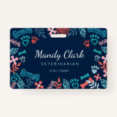 Navy Blue Floral & Foliage Pet Paw Print Patroon Badge (Voorkant)