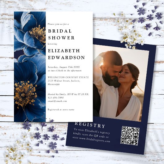 Navy Blue Floral Foto QR Code Vrijgezellenfeest Kaart