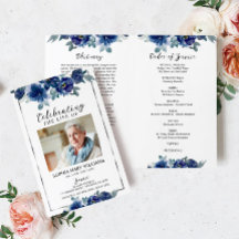 Navy Blue Floral Funeral Program Orde van Service