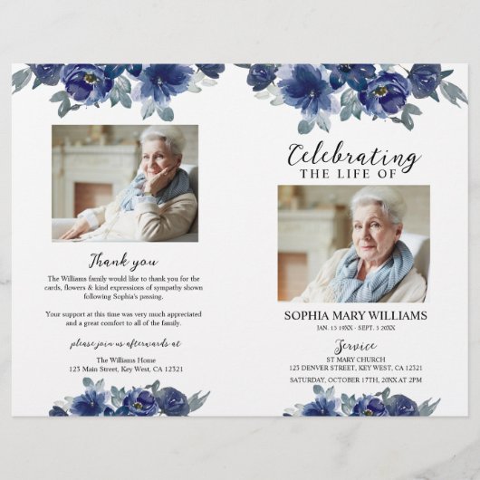 Navy Blue Floral Funeral Program Orde van Service (Voorkant)