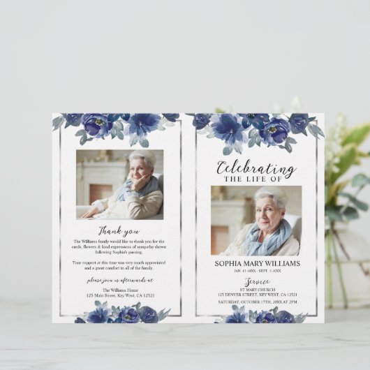 Navy Blue Floral Funeral Program Orde van Service (Staand voorkant)