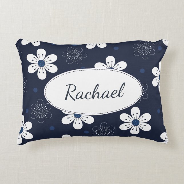 Navy Blue  Floral, gepersonaliseerd Accent Kussen (Voorkant)