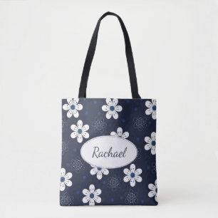 Navy Blue  Floral, gepersonaliseerd Tote Bag