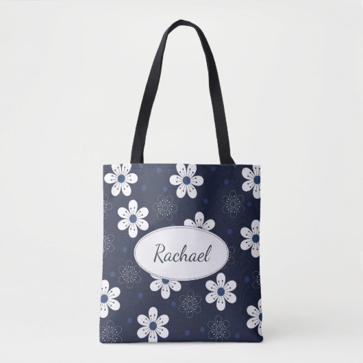 Navy Blue  Floral, gepersonaliseerd Tote Bag (Voorkant)