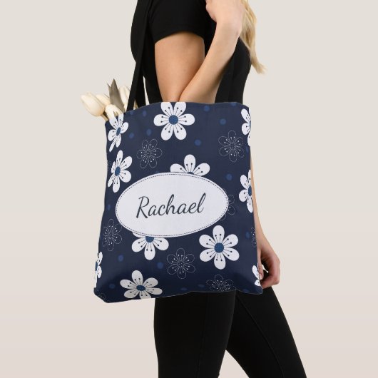 Navy Blue Floral, gepersonaliseerd Tote Bag (Dichtbij)