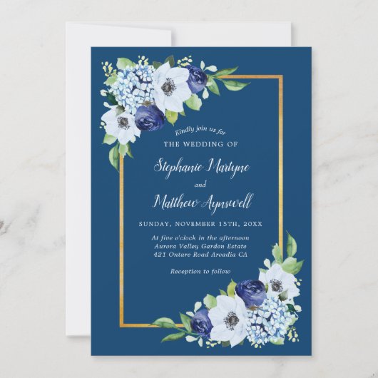Navy Blue Floral Gold Border Waterverf Wedding Kaart (Voorkant)