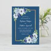 Navy Blue Floral Gold Border Waterverf Wedding Kaart (Staand voorkant)