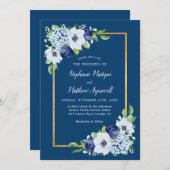 Navy Blue Floral Gold Border Waterverf Wedding Kaart (Voorkant / Achterkant)