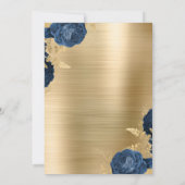 Navy Blue Floral Gold Brushed Metal Wedding Kaart (Achterkant)