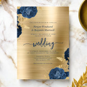 Navy Blue Floral Gold Brushed Metal Wedding Kaart
