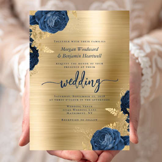 Navy Blue Floral Gold Brushed Metal Wedding Kaart