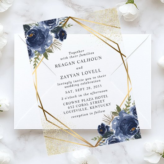 Navy Blue Floral Gold Geometric Modern Wedding Acryl Uitnodigingen
