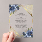Navy Blue Floral Gold Geometric Modern Wedding Acryl Uitnodigingen (Insitu (Draagbaar))